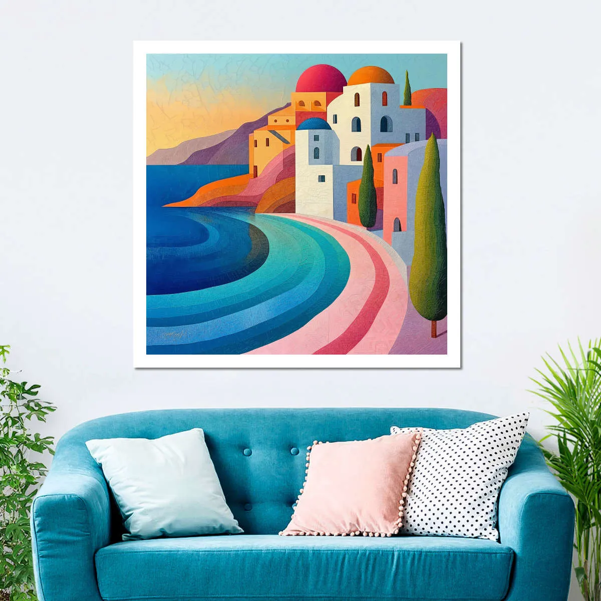 A Coastal Village In Vibrant Pastels Wall Art