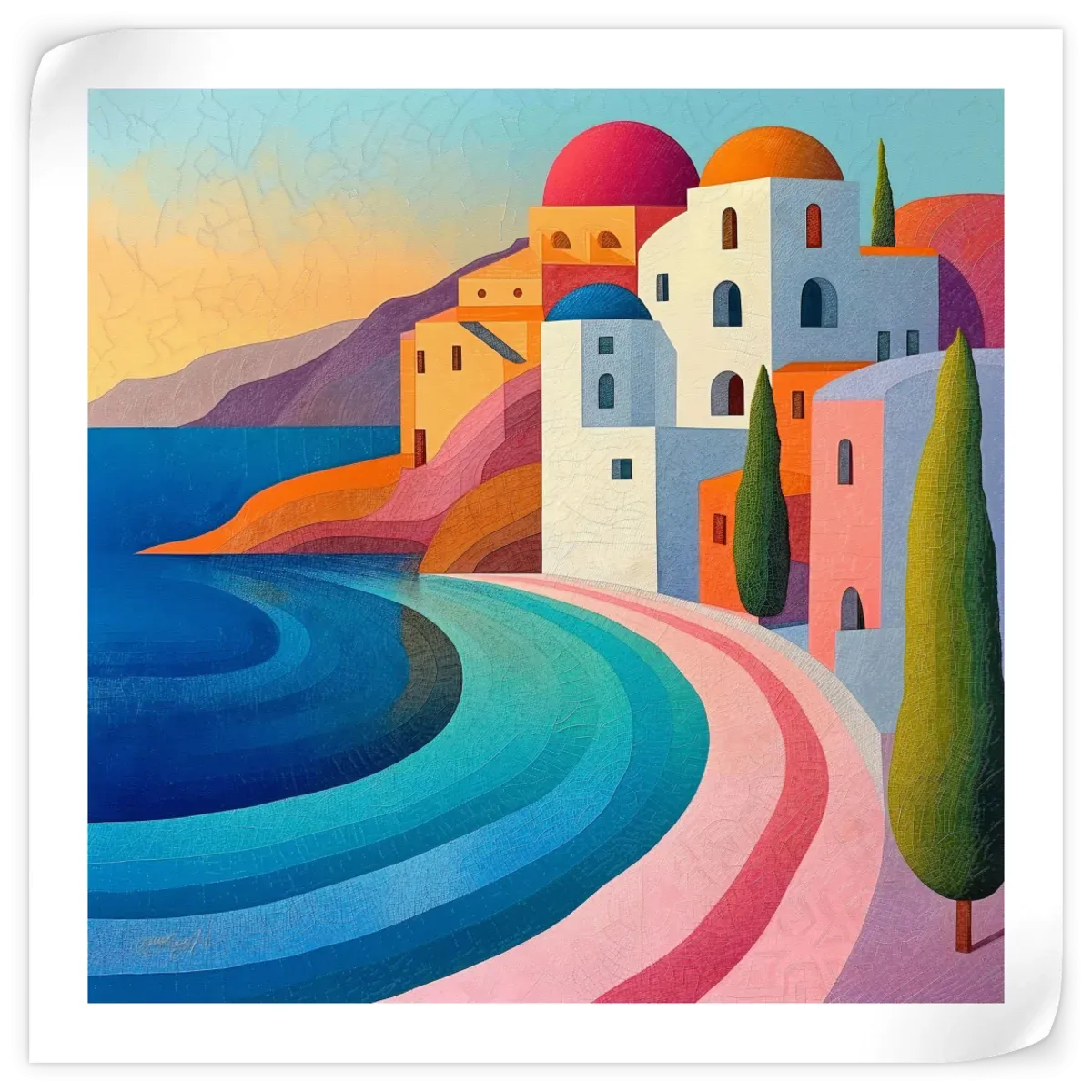 A Coastal Village In Vibrant Pastels Wall Art