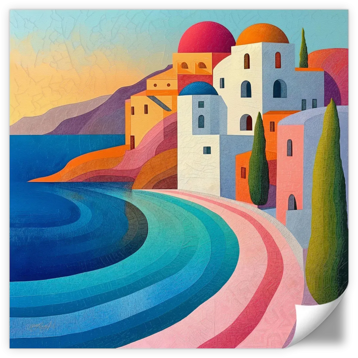 A Coastal Village In Vibrant Pastels Wall Art