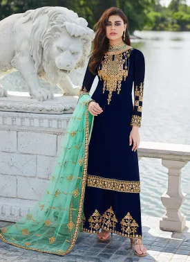 Blue Golden Embroidered Palazzo Suit