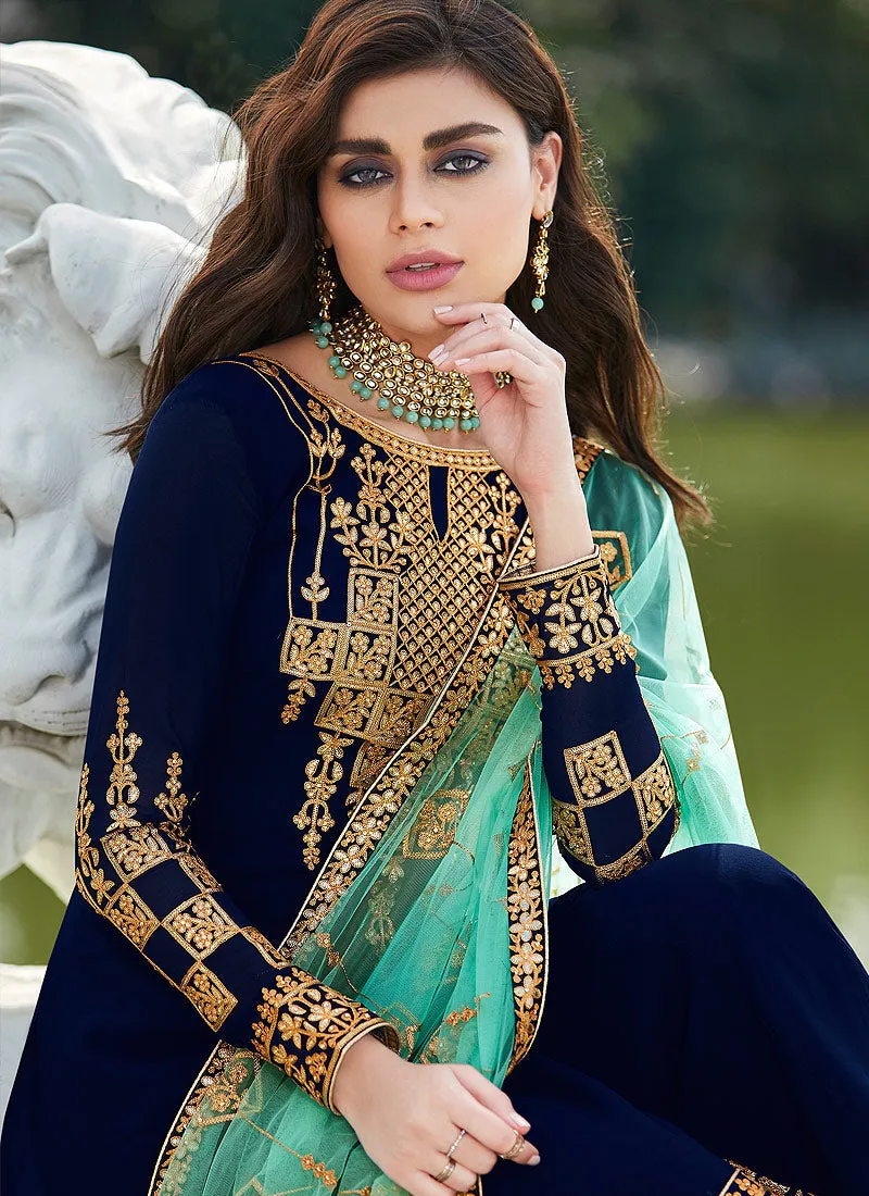 Blue Golden Embroidered Palazzo Suit