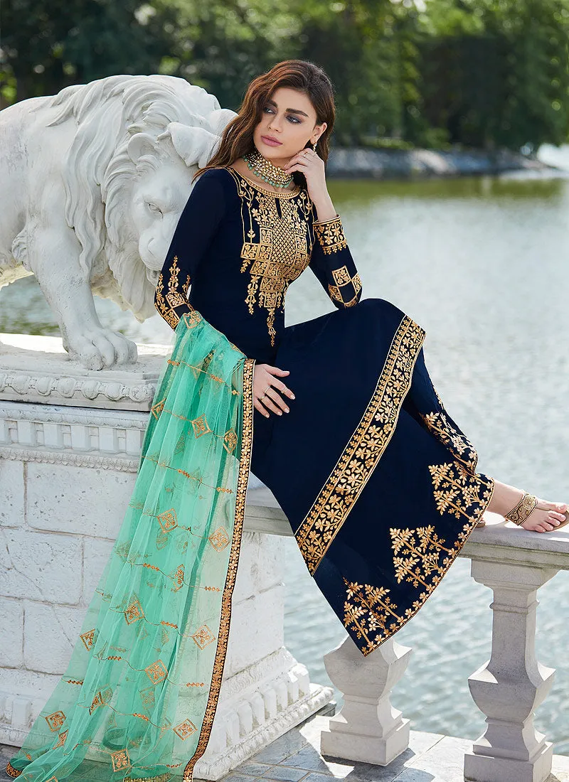 Blue Golden Embroidered Palazzo Suit
