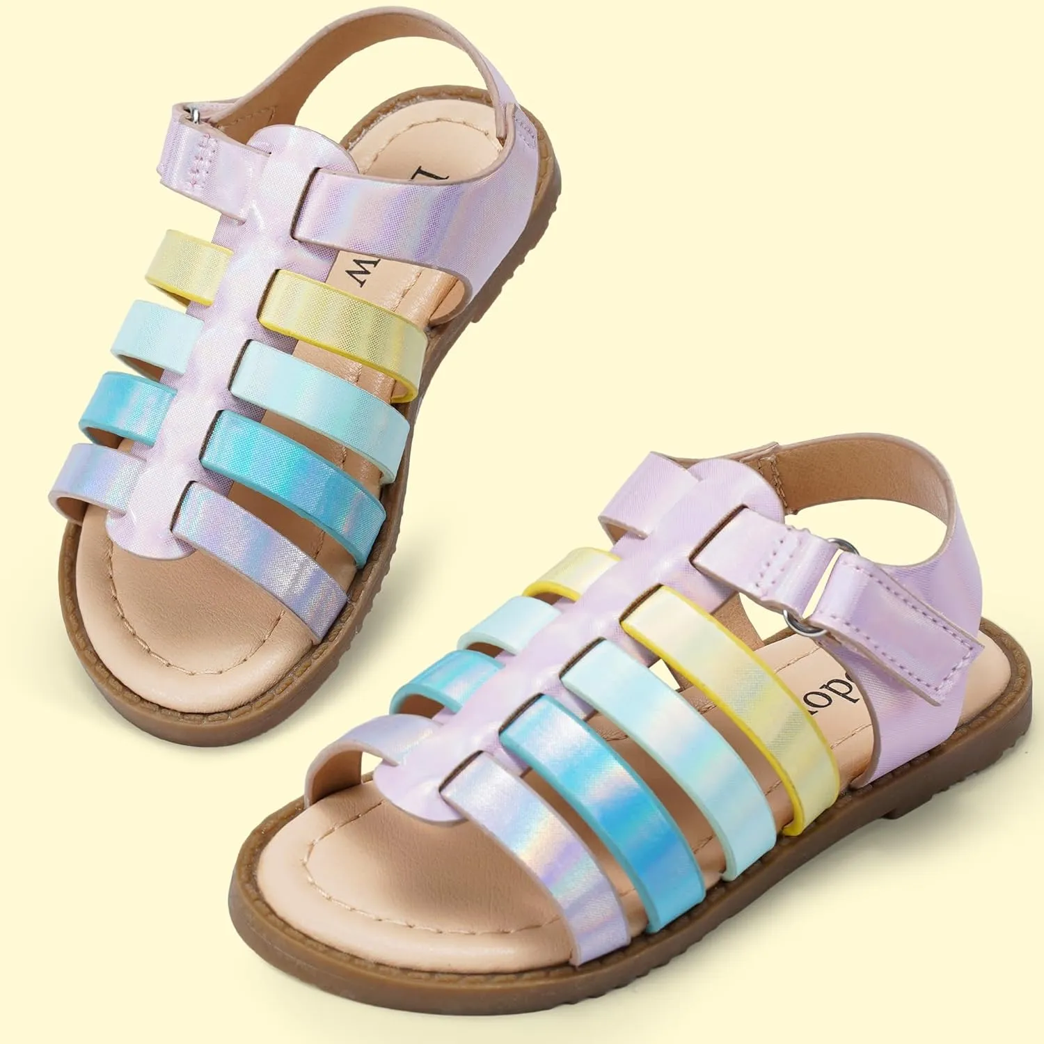 Dodow Girls Sandals Open Toe Hook and Loop Flat Dress Sandals Summer Shoes for Toddler Little Kid
