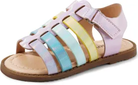 Dodow Girls Sandals Open Toe Hook and Loop Flat Dress Sandals Summer Shoes for Toddler Little Kid