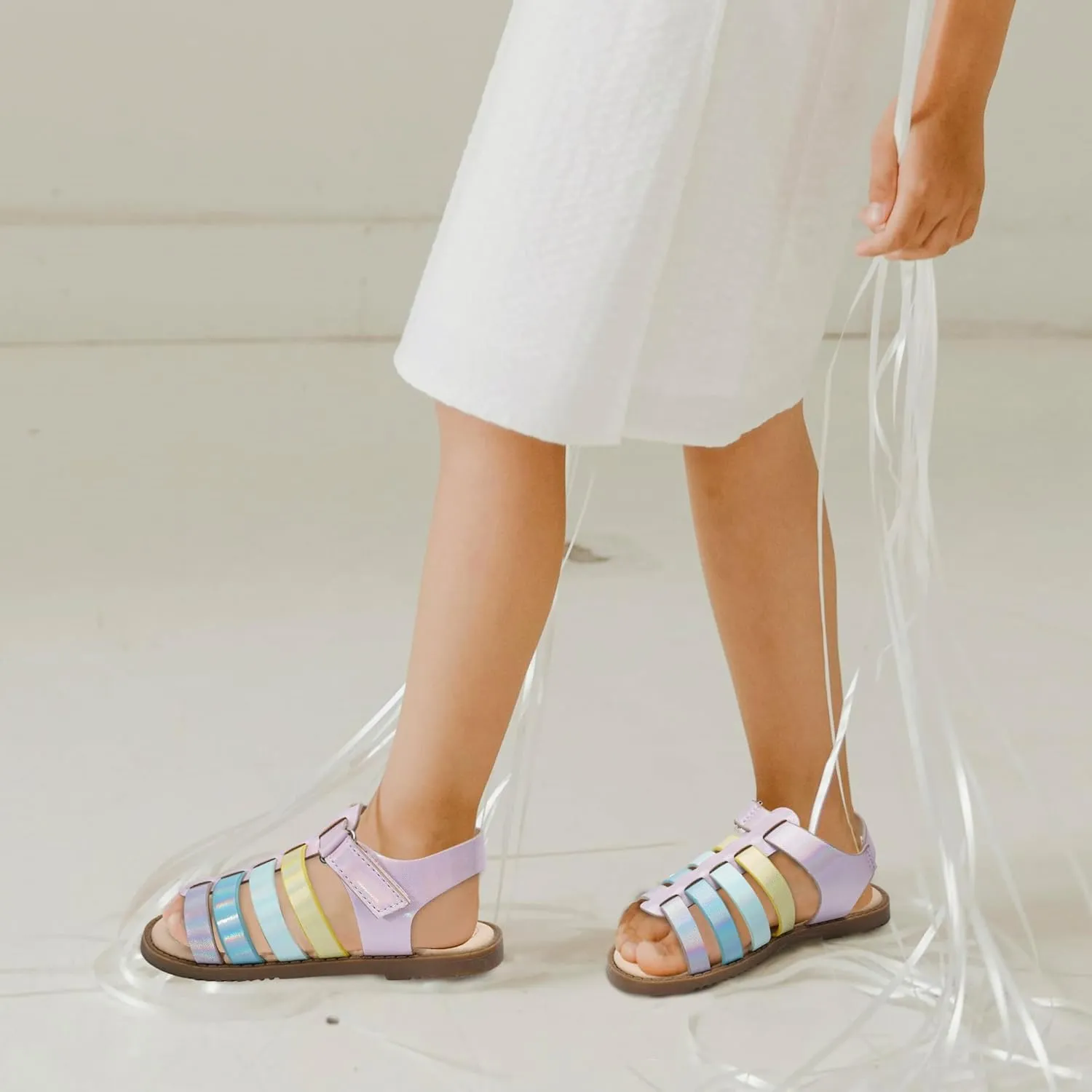 Dodow Girls Sandals Open Toe Hook and Loop Flat Dress Sandals Summer Shoes for Toddler Little Kid