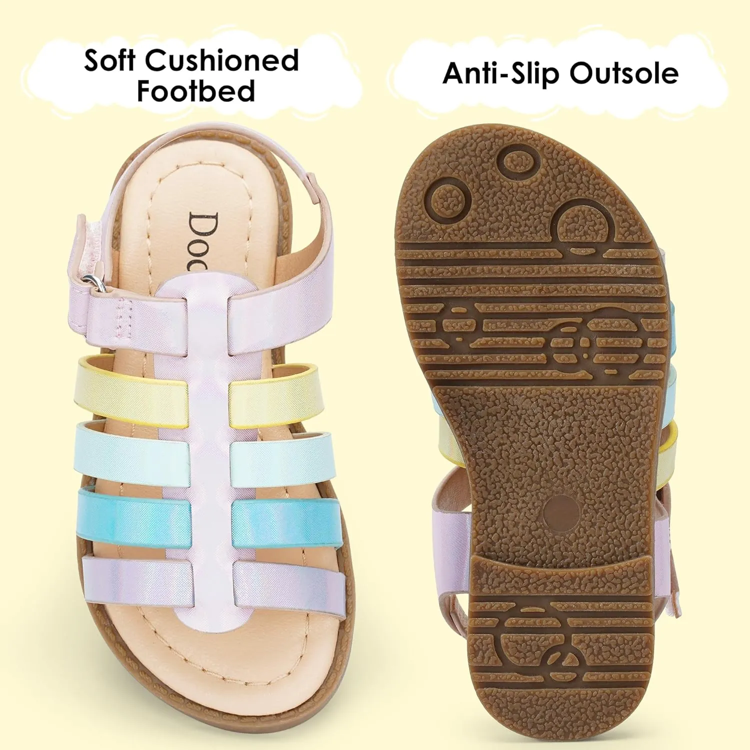 Dodow Girls Sandals Open Toe Hook and Loop Flat Dress Sandals Summer Shoes for Toddler Little Kid