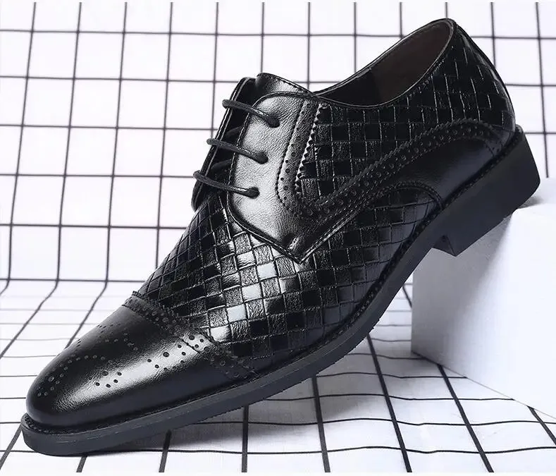 Hnzxzm Men's Splicing Brogue Shoes Woven Grain Leather Dress Shoes Men Lace-Up Wedding Party Shoes Mens Business Office Oxfords Flats