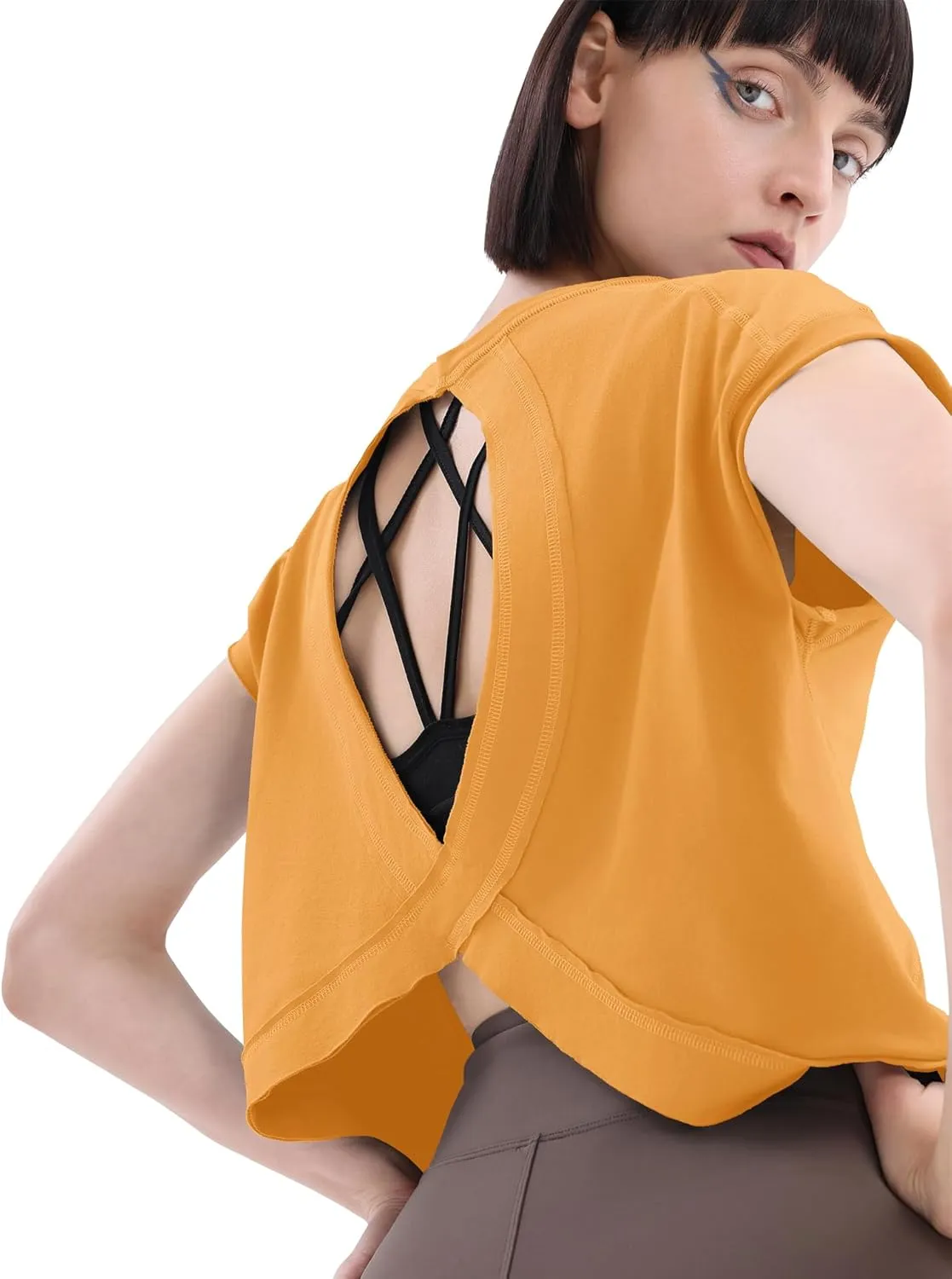 Loovoo Women's Open Back Workout Crop Tops Short Sleeve Yoga Shirts Cute Athletic Running Casual Backless Top Loose Fit