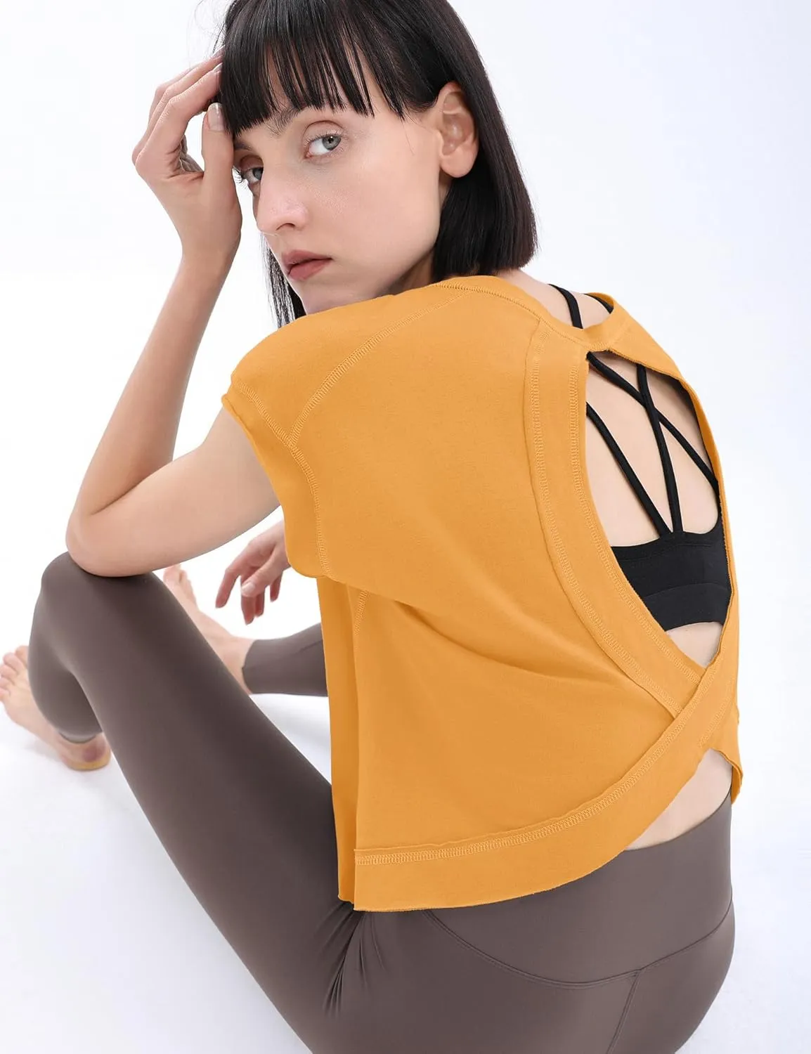 Loovoo Women's Open Back Workout Crop Tops Short Sleeve Yoga Shirts Cute Athletic Running Casual Backless Top Loose Fit