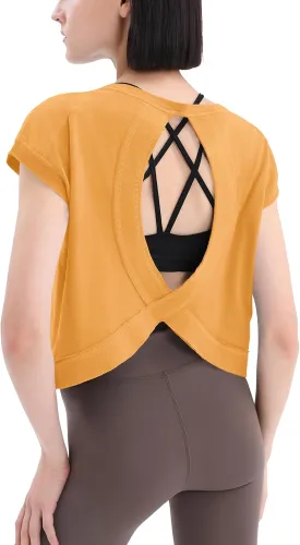 Loovoo Women's Open Back Workout Crop Tops Short Sleeve Yoga Shirts Cute Athletic Running Casual Backless Top Loose Fit