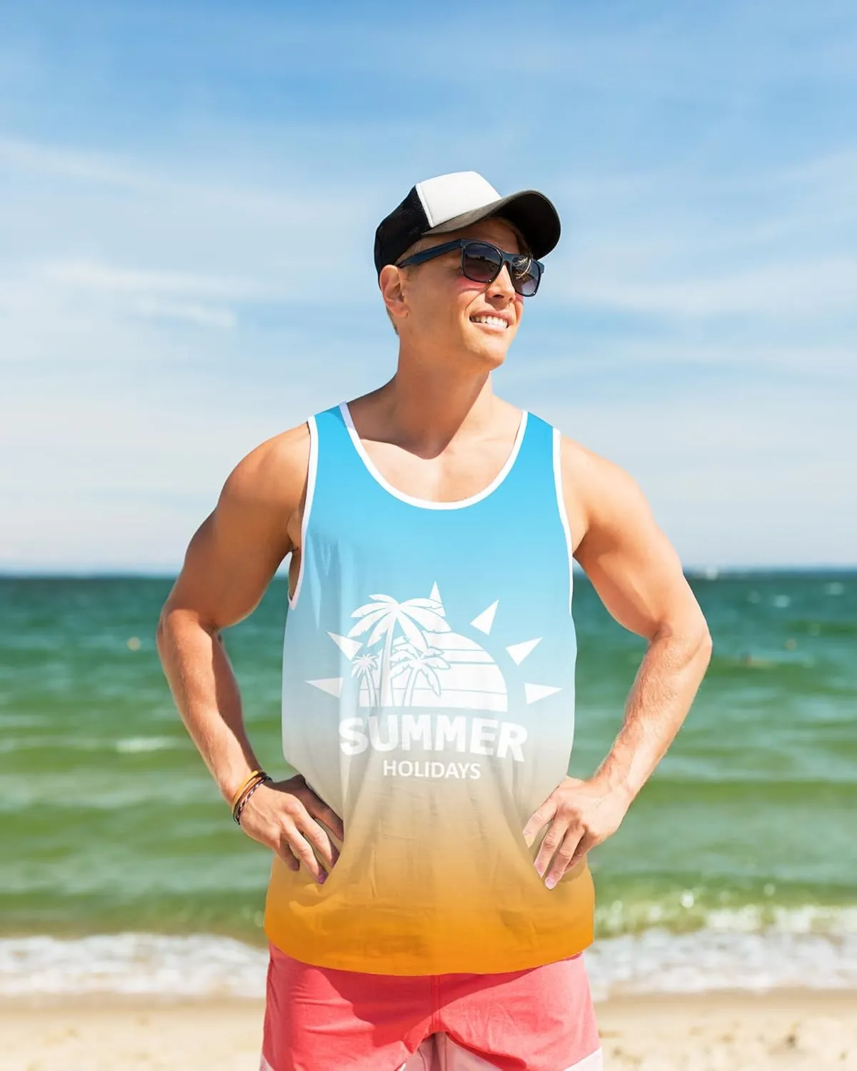 Nidoul Mens Beach Tank Tops Summer Graphic Palm Tree Sleeveless Shirts for Men Vacation Gym Running Workout Tank Top