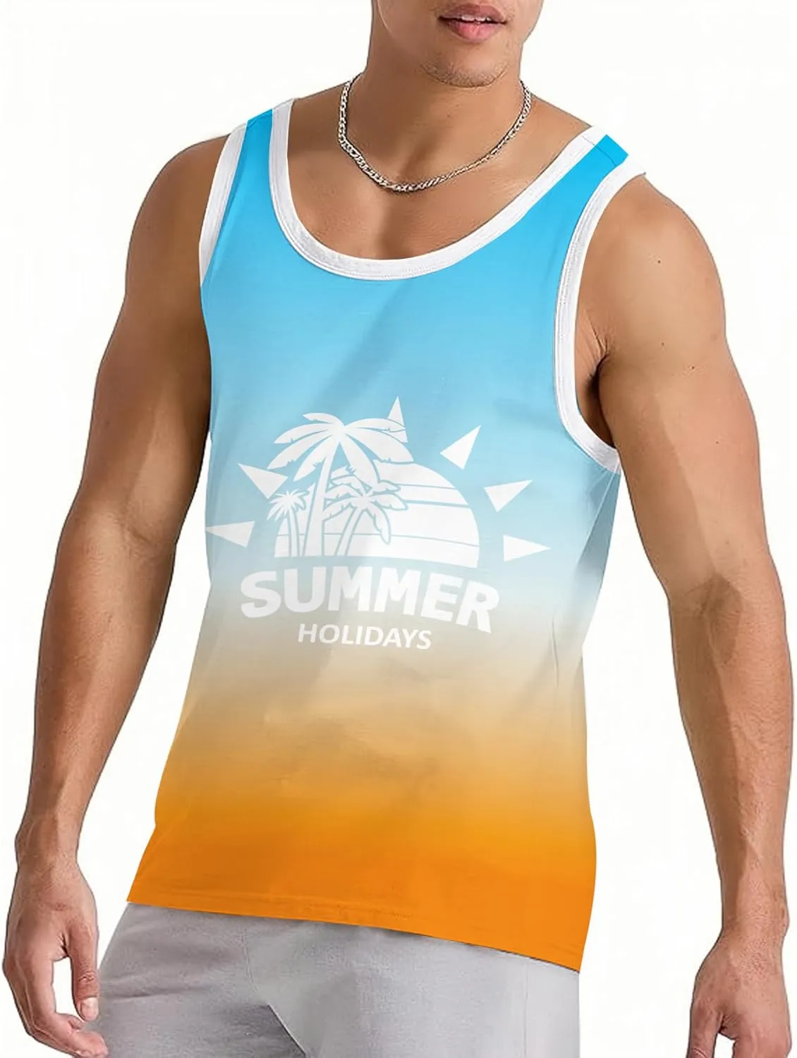 Nidoul Mens Beach Tank Tops Summer Graphic Palm Tree Sleeveless Shirts for Men Vacation Gym Running Workout Tank Top