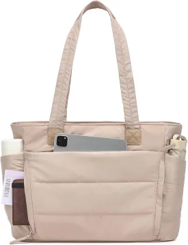 Tote Bag for Women with Zipper, Soft Puffy Bag with 10 Pockets, Quilted Handbag for Travel, Work, Sport, School