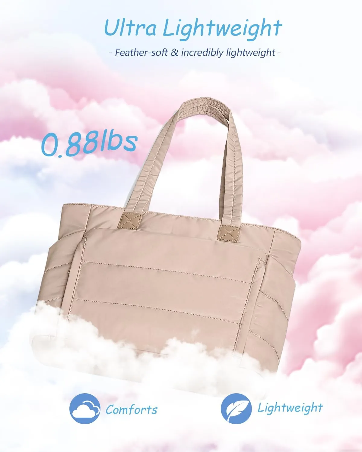Tote Bag for Women with Zipper, Soft Puffy Bag with 10 Pockets, Quilted Handbag for Travel, Work, Sport, School