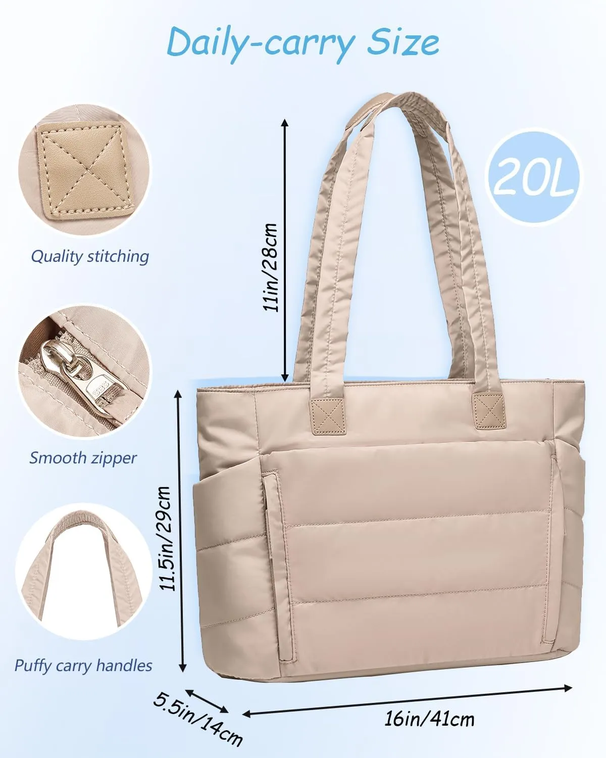 Tote Bag for Women with Zipper, Soft Puffy Bag with 10 Pockets, Quilted Handbag for Travel, Work, Sport, School