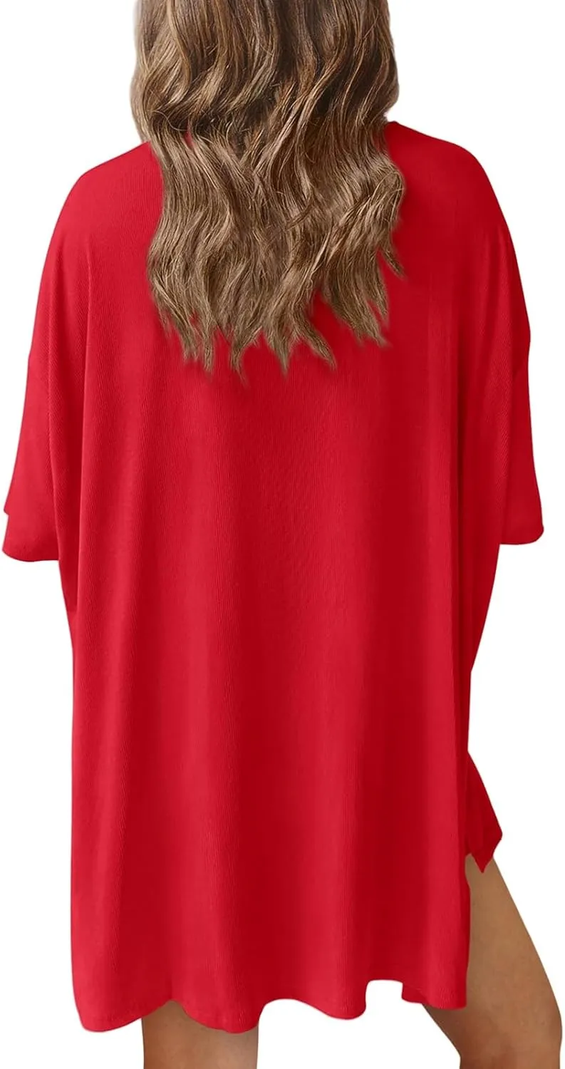 Two Piece Sets for Women Summer Oversized 3/4 Sleeve Crewneck Set Slit T Shirts Outfits Biker Shorts Matching Set