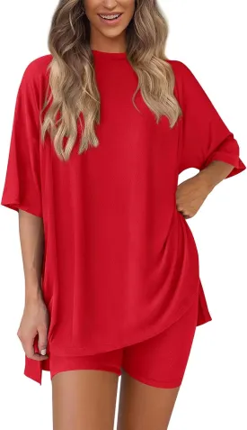 Two Piece Sets for Women Summer Oversized 3/4 Sleeve Crewneck Set Slit T Shirts Outfits Biker Shorts Matching Set